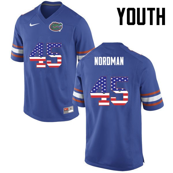 Florida Gators Youth #45 Charles Nordman College Football USA Flag Fashion Blue